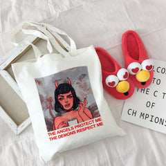 Harajuku Women's Canvas Devil Letter Spoof Printing Casual Shoulder Bag
