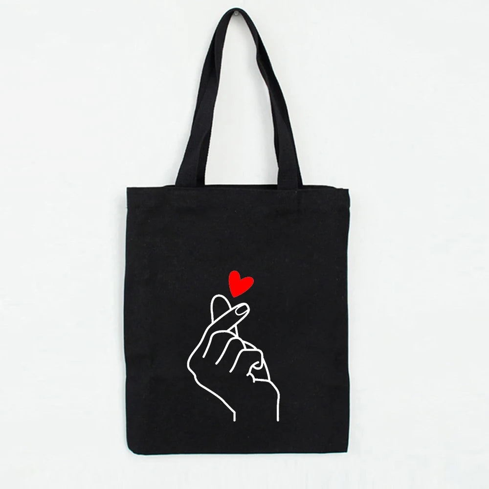 Heart Gesture Women Canvas Shopping Bag Cartoon Cotton Tote Shoulder Shopper