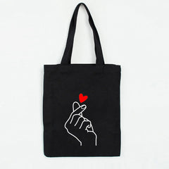 Heart Gesture Women Canvas Shopping Bag Cartoon Cotton Tote Shoulder Shopper