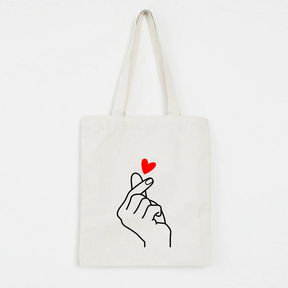 Heart Gesture Women Canvas Shopping Bag Cartoon Cotton Tote Shoulder Shopper