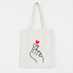 Heart Gesture Women Canvas Shopping Bag Cartoon Cotton Tote Shoulder Shopper