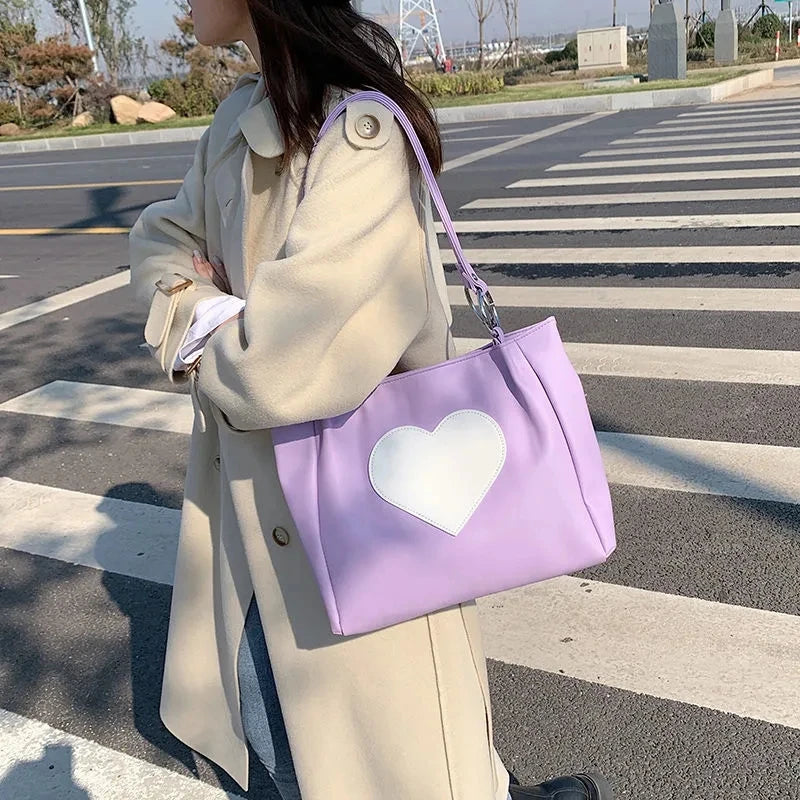 Heart Pattern Women PU Leather Shoulder Bag Purple Underarm Tote Handbag
