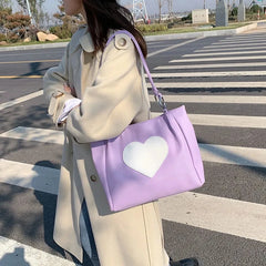 Heart Pattern Women PU Leather Shoulder Bag Purple Underarm Tote Handbag