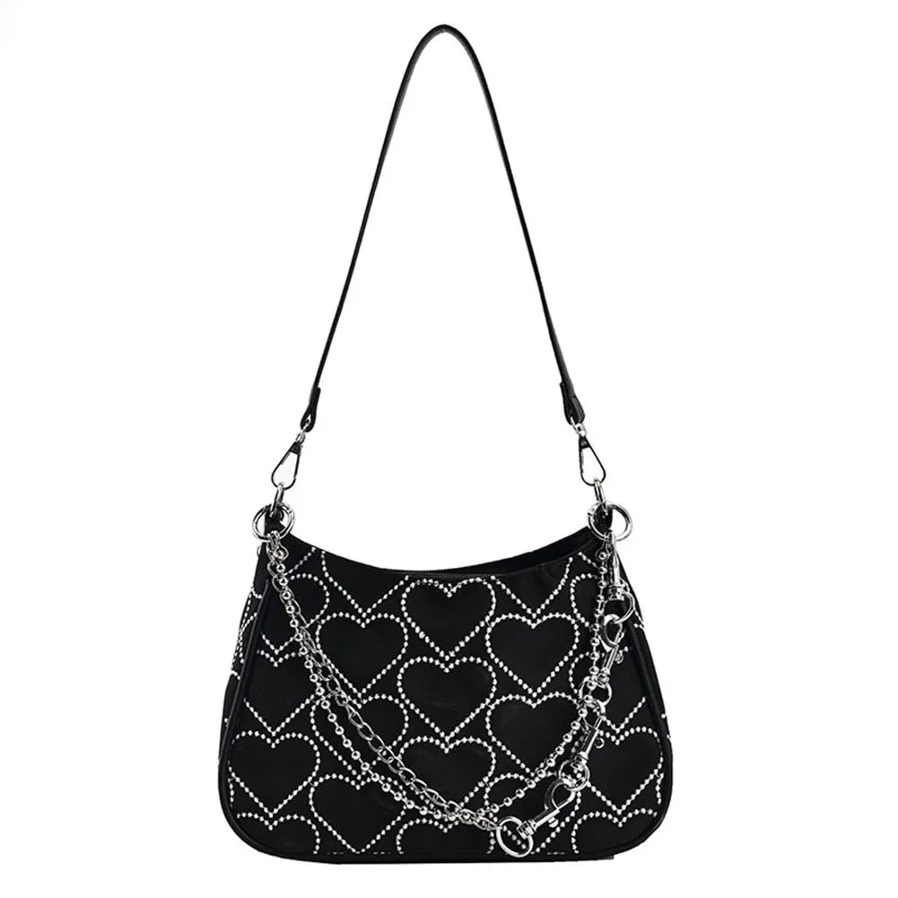Hearts Embroidery Women Underarm Bag Chain Shoulder Bag