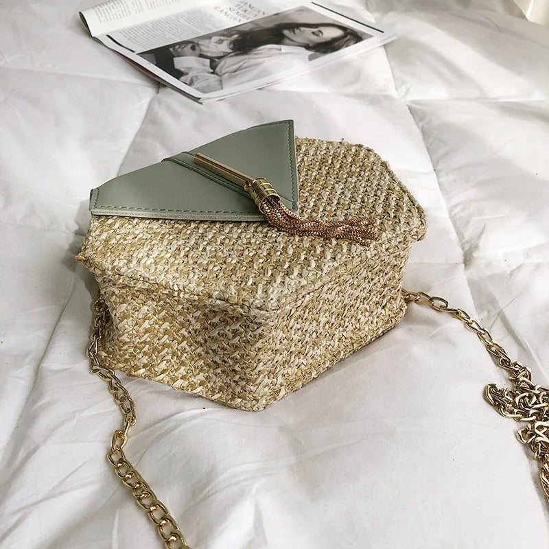 Hexagon Straw+Leather Handbag Summer Rattan Beach Shoulder Bag