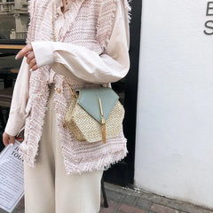 Hexagon Straw+Leather Handbag Summer Rattan Beach Shoulder Bag