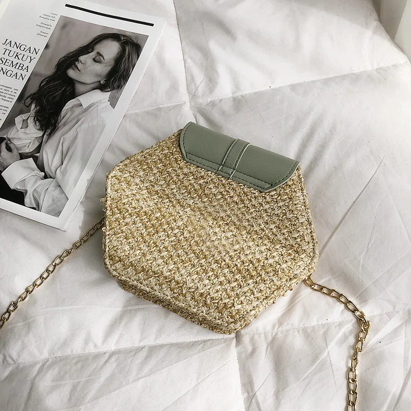 Hexagon Straw+Leather Handbag Summer Rattan Beach Shoulder Bag