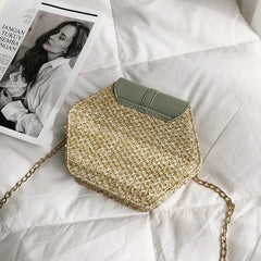 Hexagon Straw+Leather Handbag Summer Rattan Beach Shoulder Bag