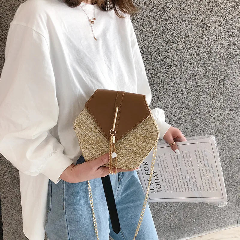 Hexagon Straw+Leather Handbag Summer Rattan Beach Shoulder Bag