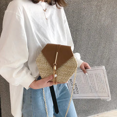 Hexagon Straw+Leather Handbag Summer Rattan Beach Shoulder Bag