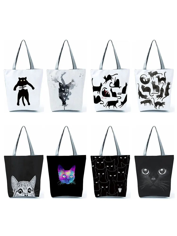 Cat Print Shopper Bag Women Handbag Reusable Shoulder Bag