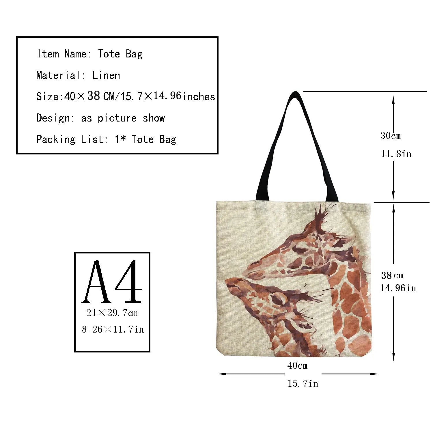 Giraffe Print Beach Bag Shoulder Shopper Eco-Friendly Travel Customizable