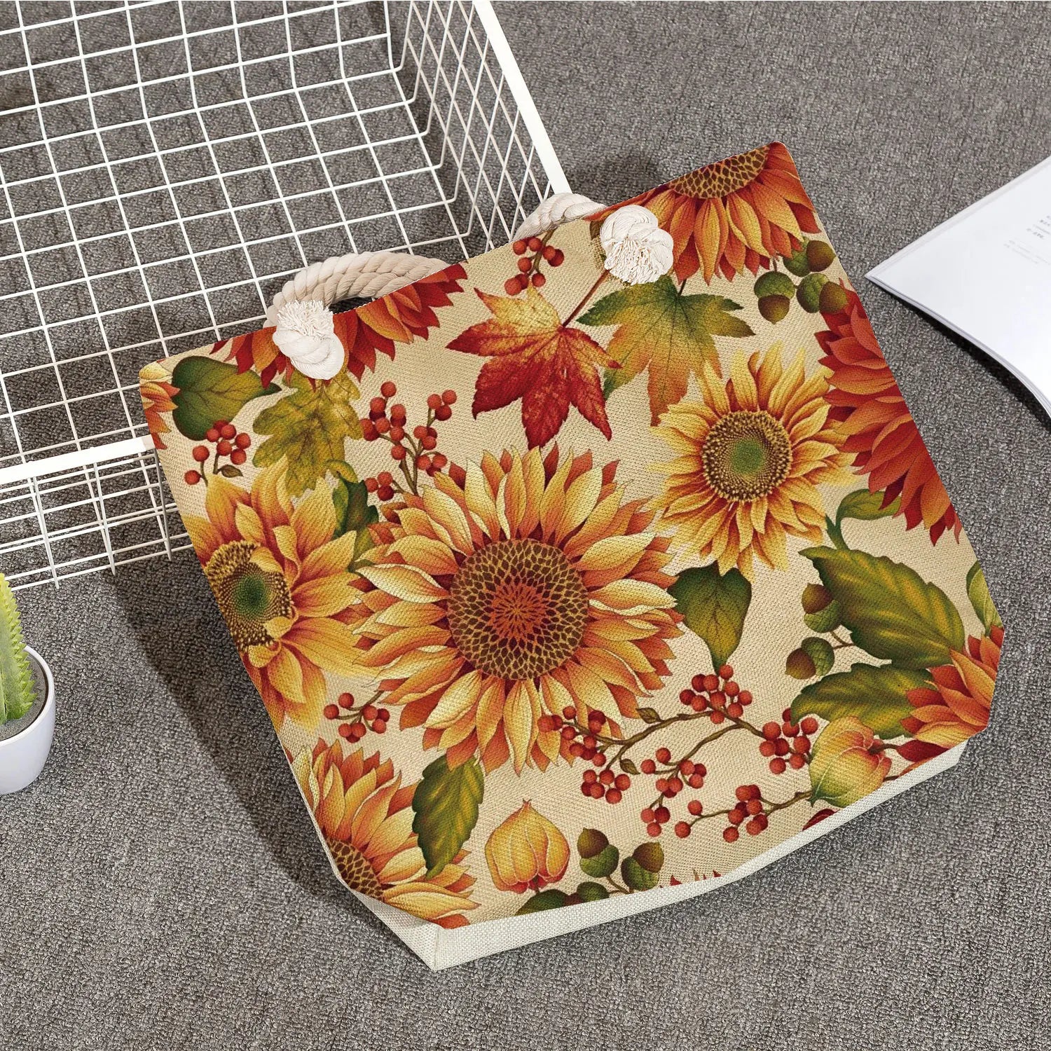 Sunflower Print Foldable Shopping Bag Handbag Women Floral Travel Tote