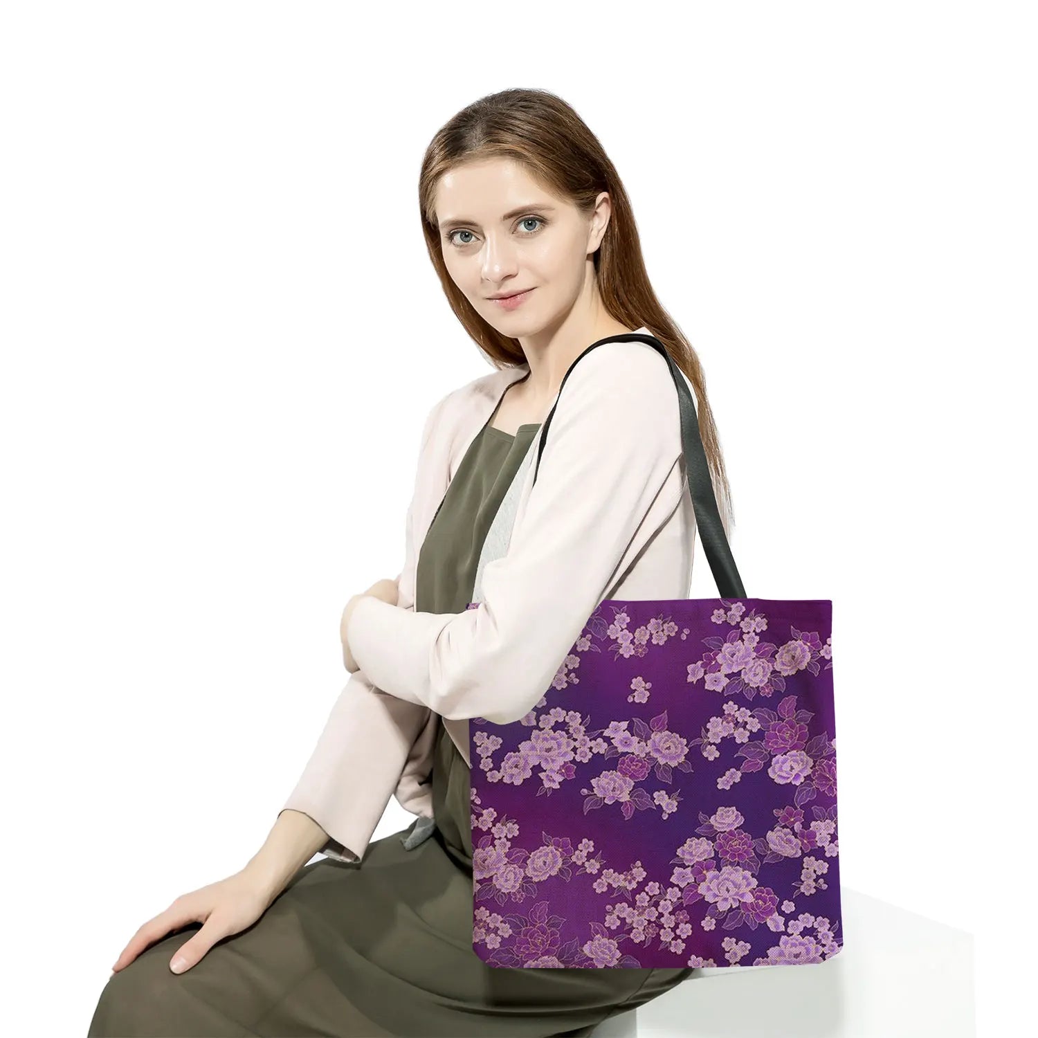 Purple Flower Print Travel Tote Bag Women's Handbag
