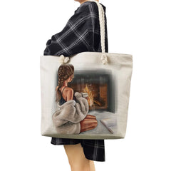 Reusable Shopping Bag Cartoon Coffee Girl Print Female Handbags
