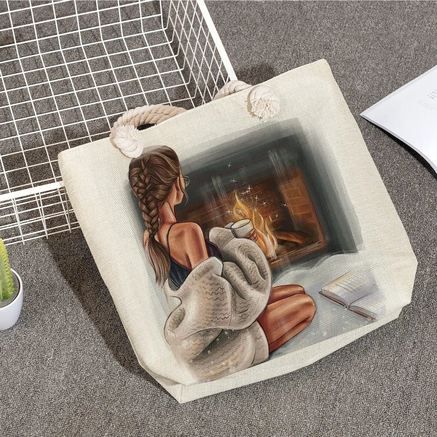 Reusable Shopping Bag Cartoon Coffee Girl Print Female Handbags