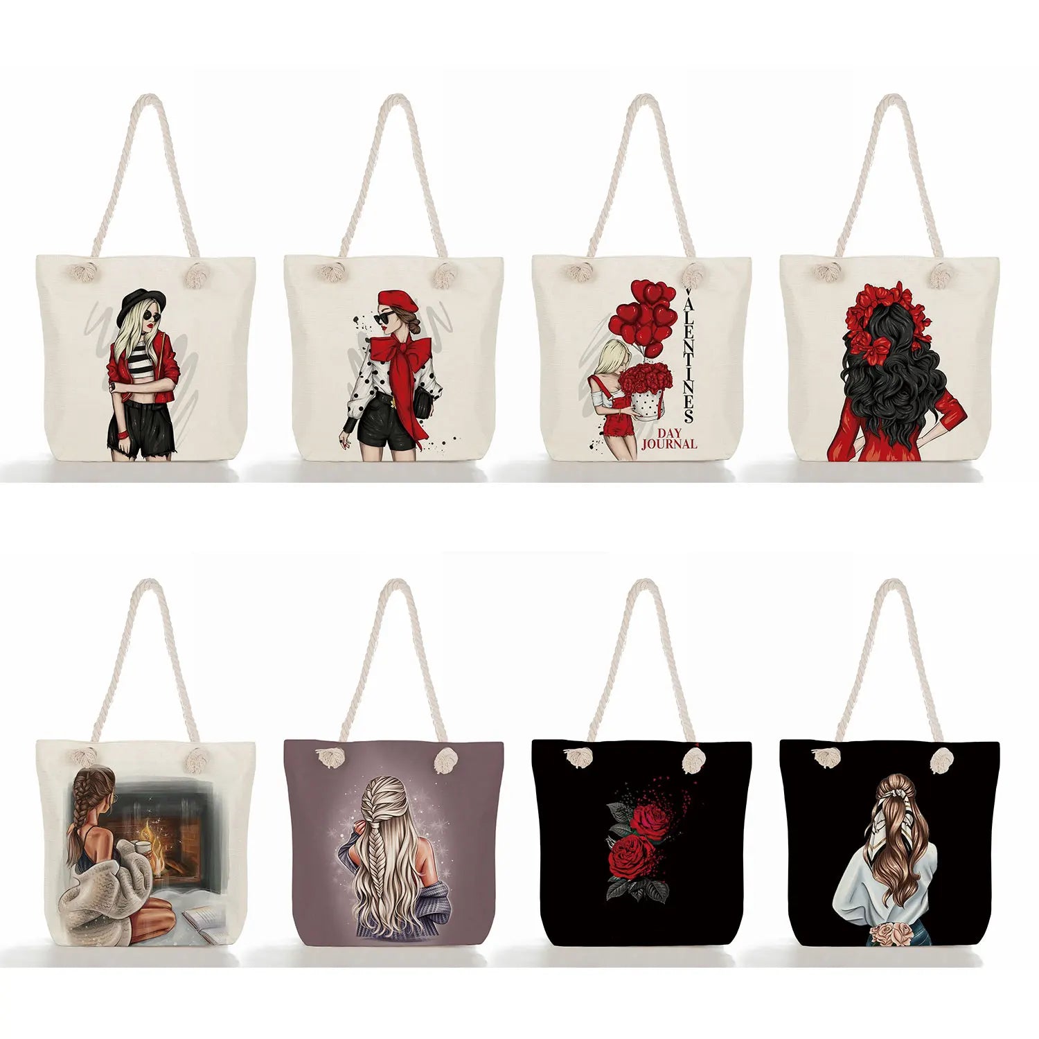 Reusable Shopping Bag Cartoon Coffee Girl Print Female Handbags