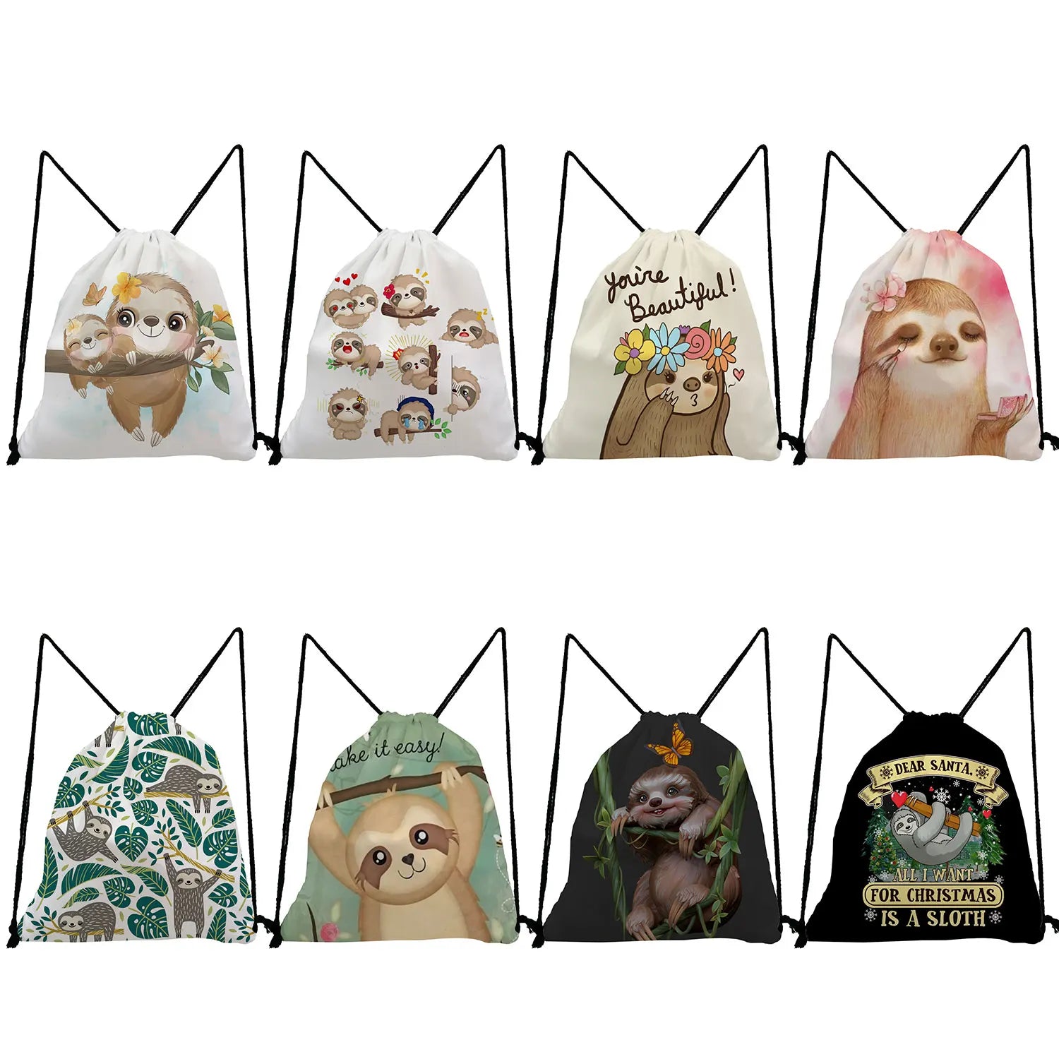 Casual Portable School Bag Drawstring Backpack Plant Sloth Print Gift