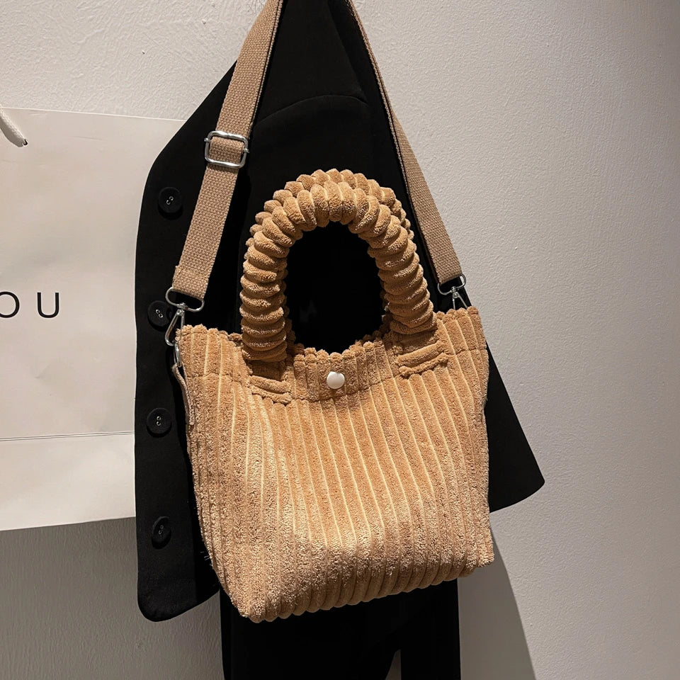 Women's Corduroy Shoulder Bag Messenger Totes with Button Closure