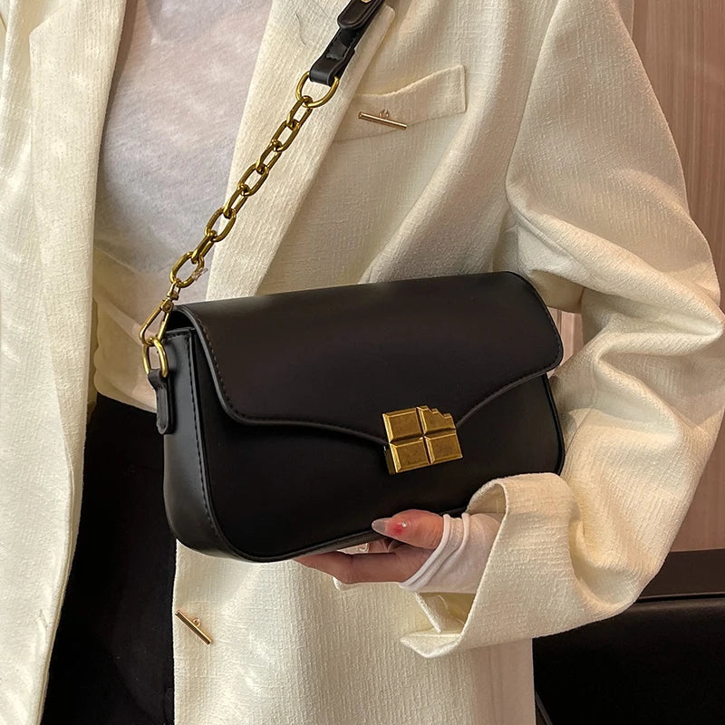 Stylish Chocolate Small Flap Handbag with Metal Hasp, Top Handle Bags