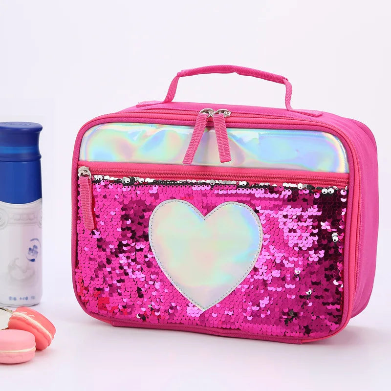 Waterproof Sequin Insulated Kids Lunch Box Glitter Tote Bag Cooler Picnic Pouch