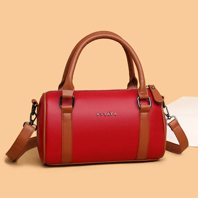 Barrel-shaped Cowhide Women Shoulder Bag