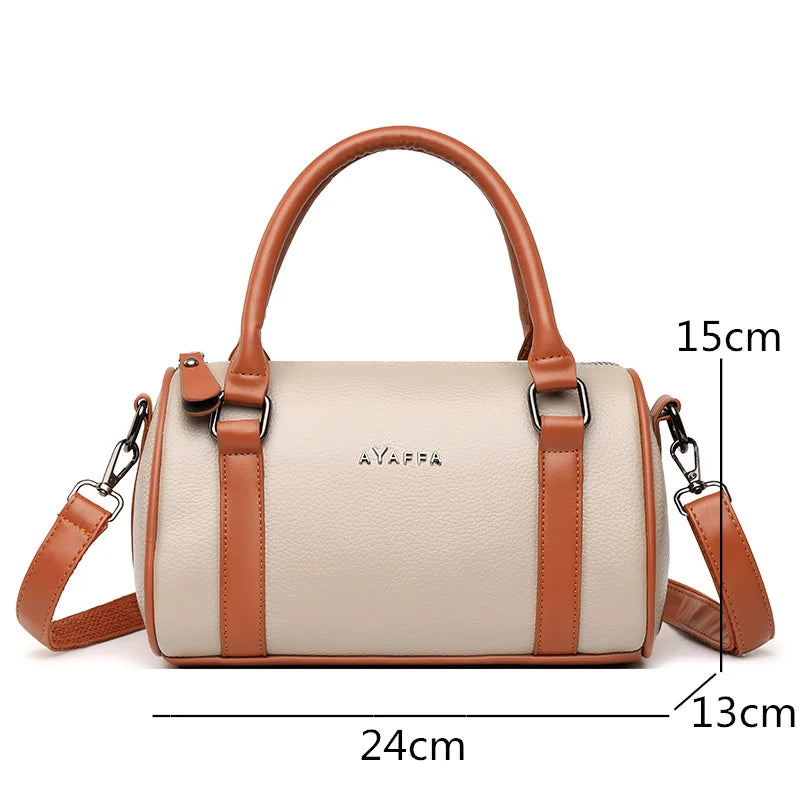 Barrel-shaped Cowhide Women Shoulder Bag