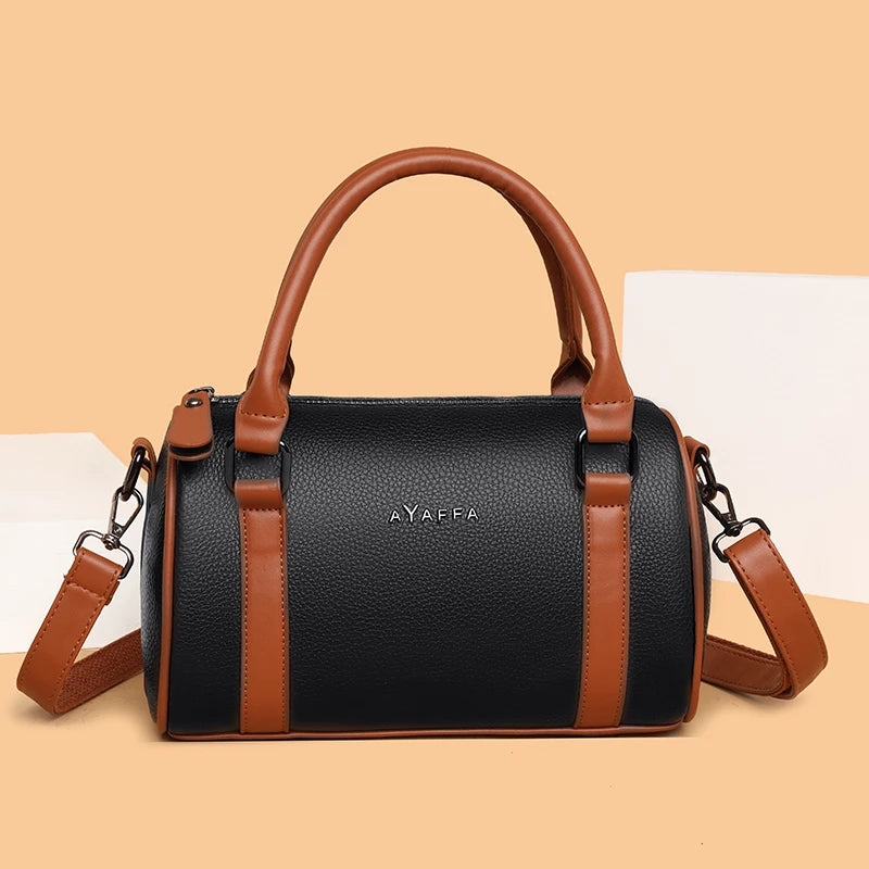 Barrel-shaped Cowhide Women Shoulder Bag