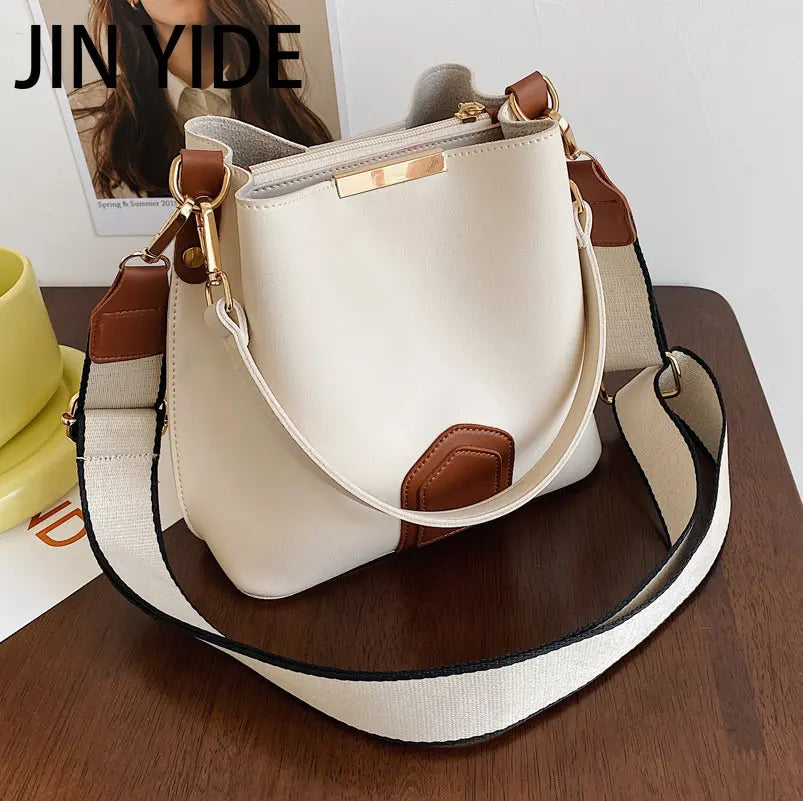 Retro Messenger Bucket Bag Wide Shoulder Strap Handbag