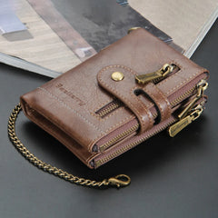 Men's Leather Short Wallet Multi-card Male Purse Zipper Pouch Retro Chain Money