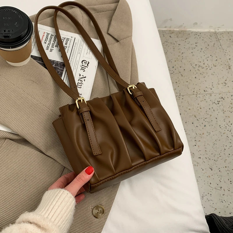 High Pleated Shoulder Bag Women Texture Handbags Autumn Totes