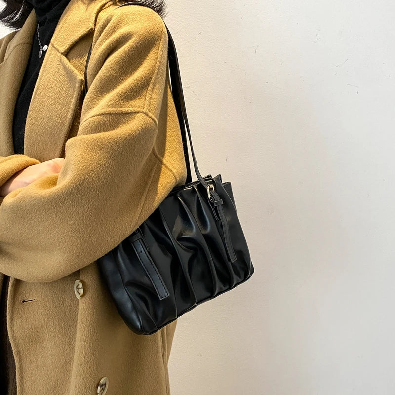 High Pleated Shoulder Bag Women Texture Handbags Autumn Totes