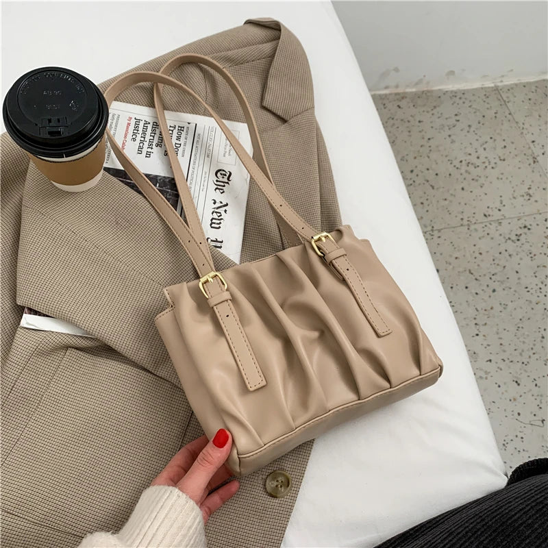 High Pleated Shoulder Bag Women Texture Handbags Autumn Totes
