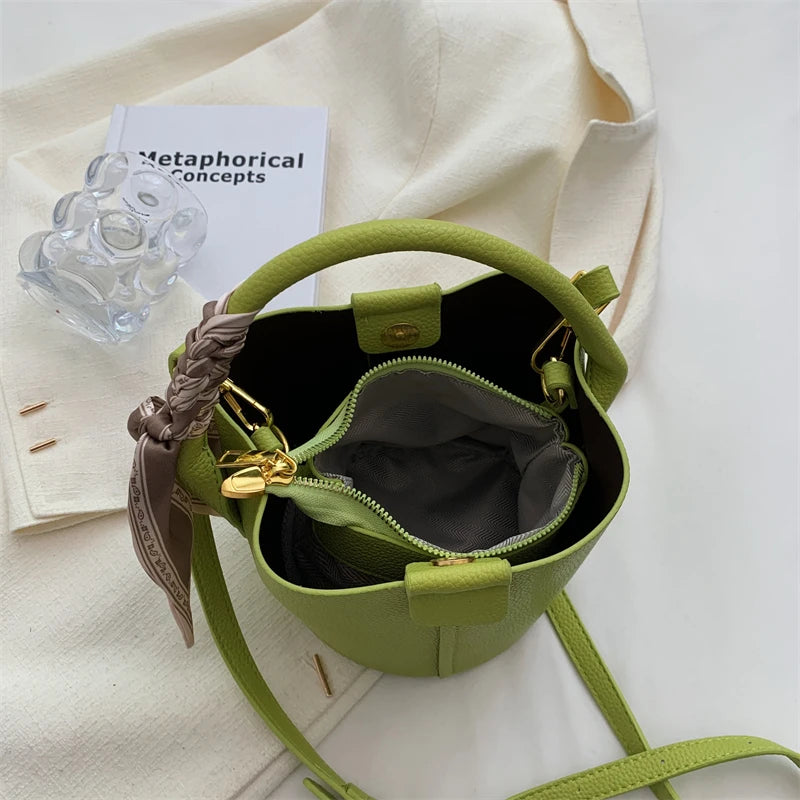 Small PU Leather Women Bucket Handbag Shoulder Crossbody Bag