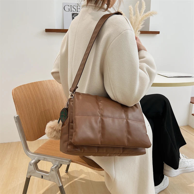 Quilted Plaid Satchel Shoulder Bag for Women Winter Crossbody Handbag
