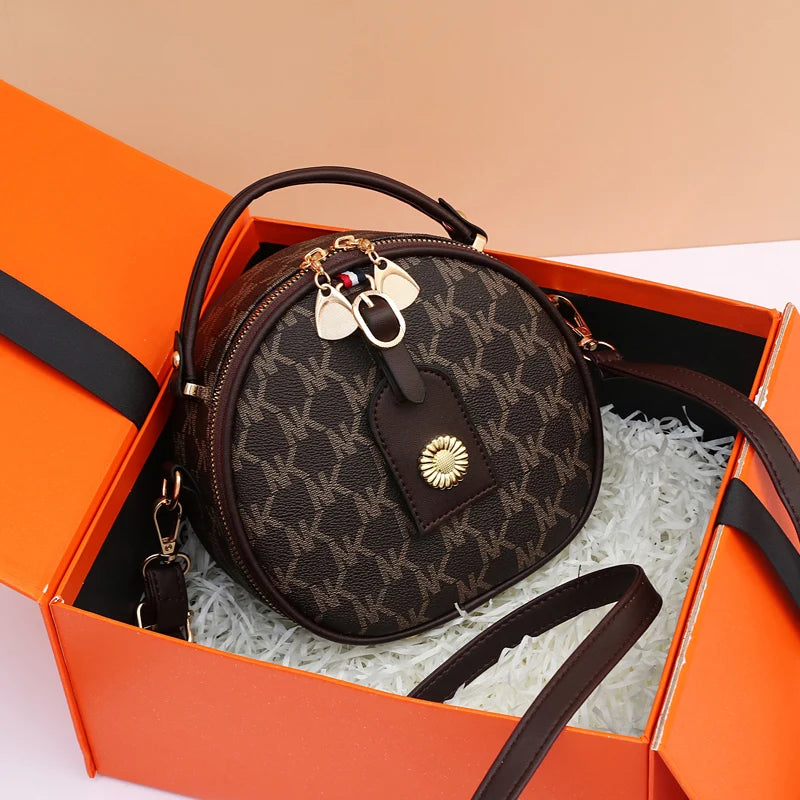High Women Letter PU Leather Round Handbags Lady's Shoulder Crossbody Bag