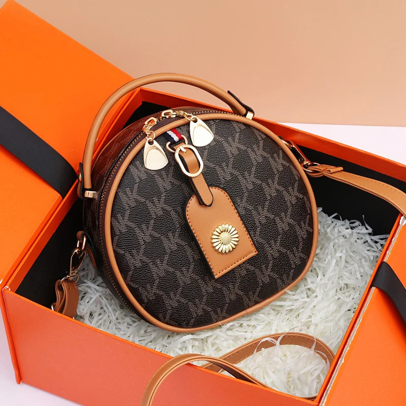 High Women Letter PU Leather Round Handbags Lady's Shoulder Crossbody Bag