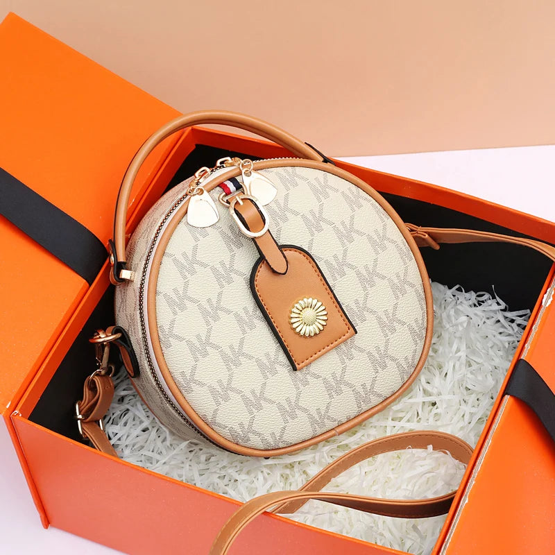 High Women Letter PU Leather Round Handbags Lady's Shoulder Crossbody Bag