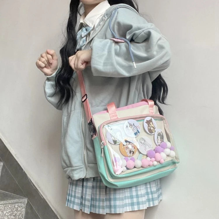 Women Solid Transparent Ita Bag Shoulder Bag Large Capacity Soft Nylon Handbag