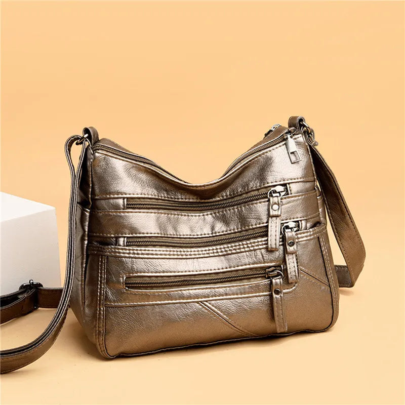 Women's Leather Shoulder Bag Multi-Layer Shopper Crossbody Handbag