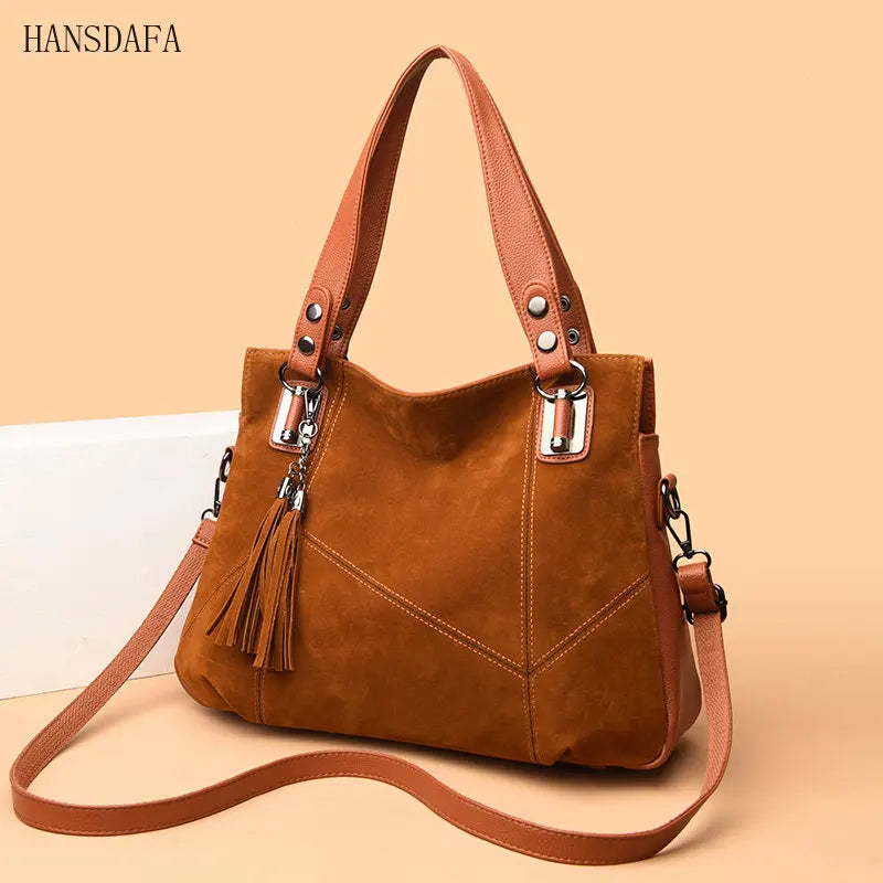 Women's Suede Leather Shoulder Bag with Tassel Handbag