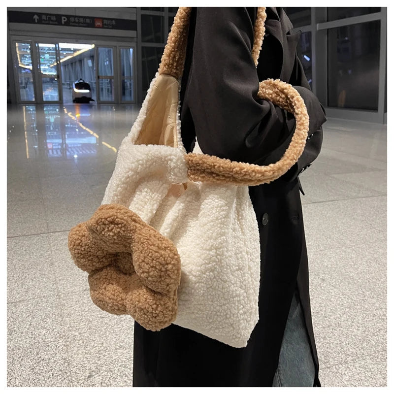 Flower Plush One Shoulder Tote Bag For Women