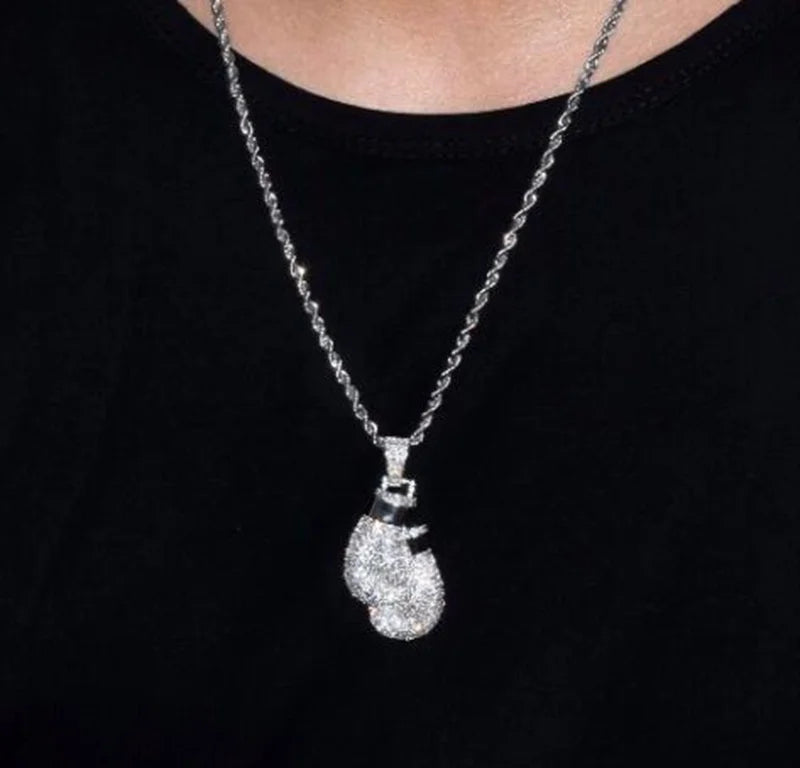 Hip Hop Ice Out Zircon Boxing Gloves Pendant Necklace Men Women