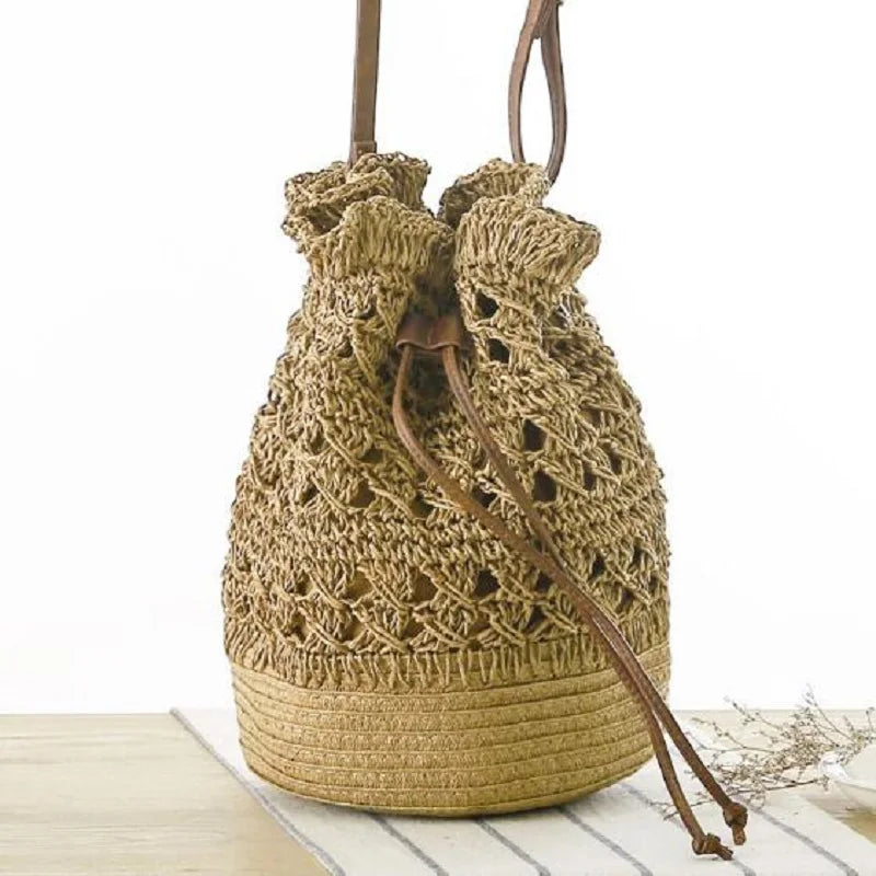 Straw Drawstring Beach Bucket Bag Women Handbags Woven Shoulder Bag