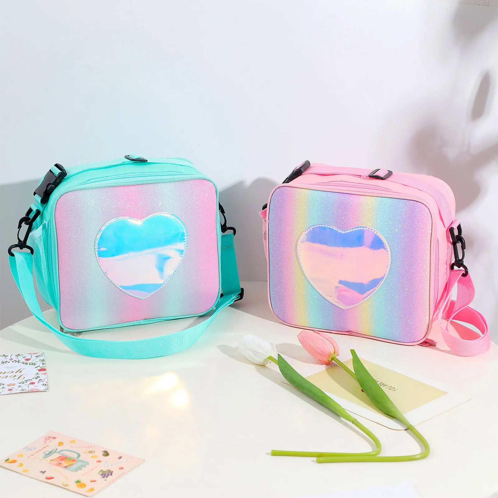 Holographic Heart Lunch Tote Box Lunch Bag Container