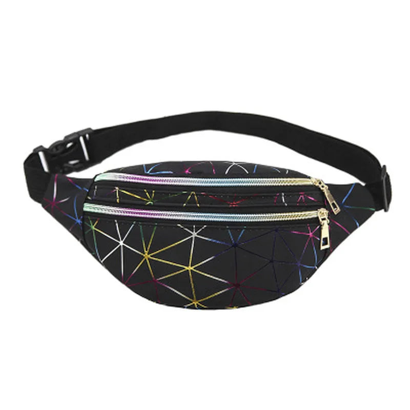 Holographic Waist Bag PU Leather Women Fanny Pack Geometric Belt Bag