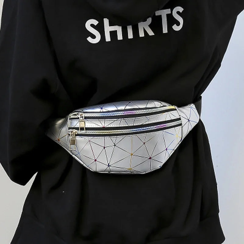 Holographic Waist Bag PU Leather Women Fanny Pack Geometric Belt Bag