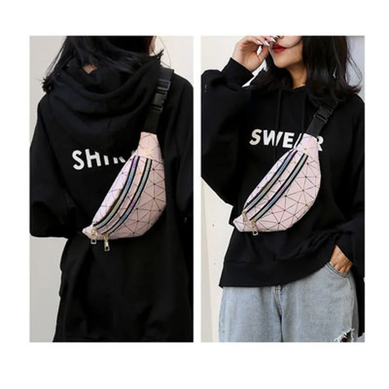 Holographic Waist Bag PU Leather Women Fanny Pack Geometric Belt Bag