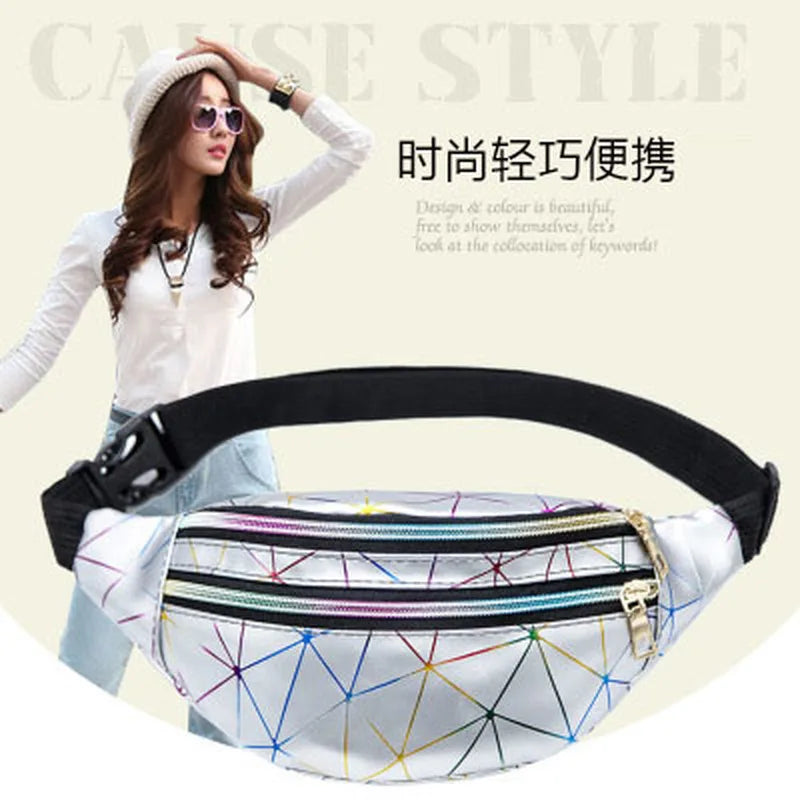 Holographic Waist Bag PU Leather Women Fanny Pack Geometric Belt Bag