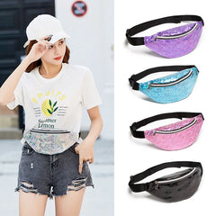 Pink Silver Holographic Waist Bag Fanny Pack Women Female Belt Bag